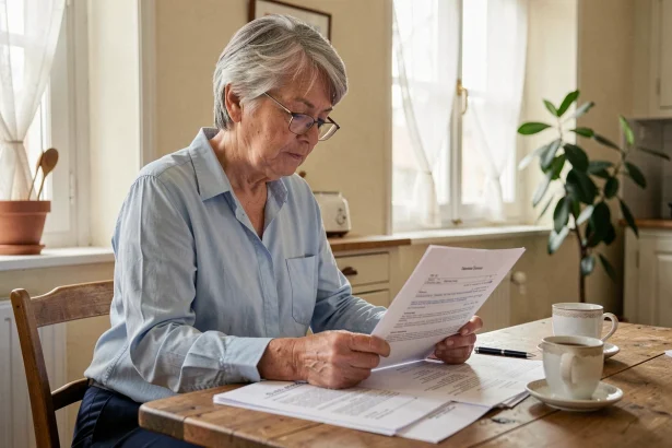 Femme senior consultant des documents administratifs pour le remboursement d'une chaise de douche pour handicap