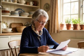 Femme senior examinant des documents dans la cuisine