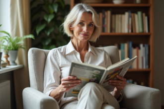 Femme de 60 ans lisant dans un salon lumineux