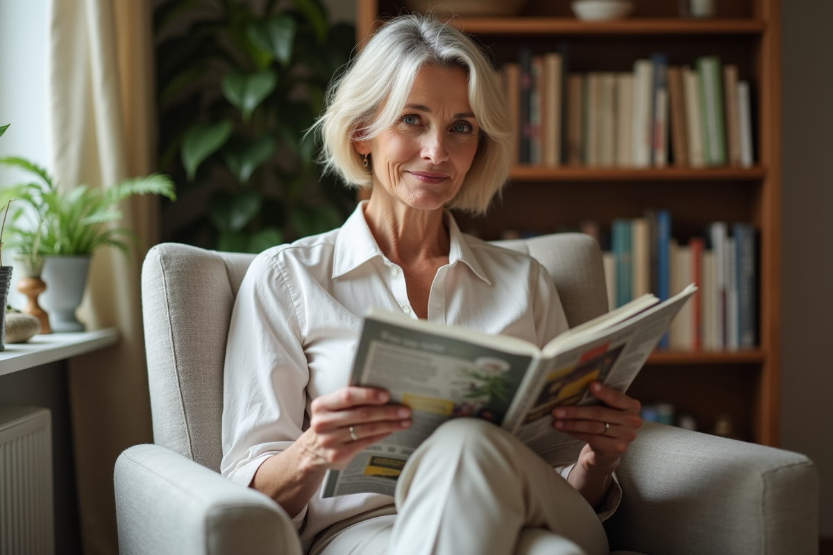 Femme de 60 ans lisant dans un salon lumineux