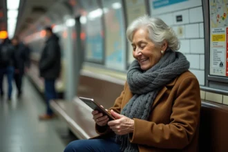 Femme senior souriante dans le métro parisien