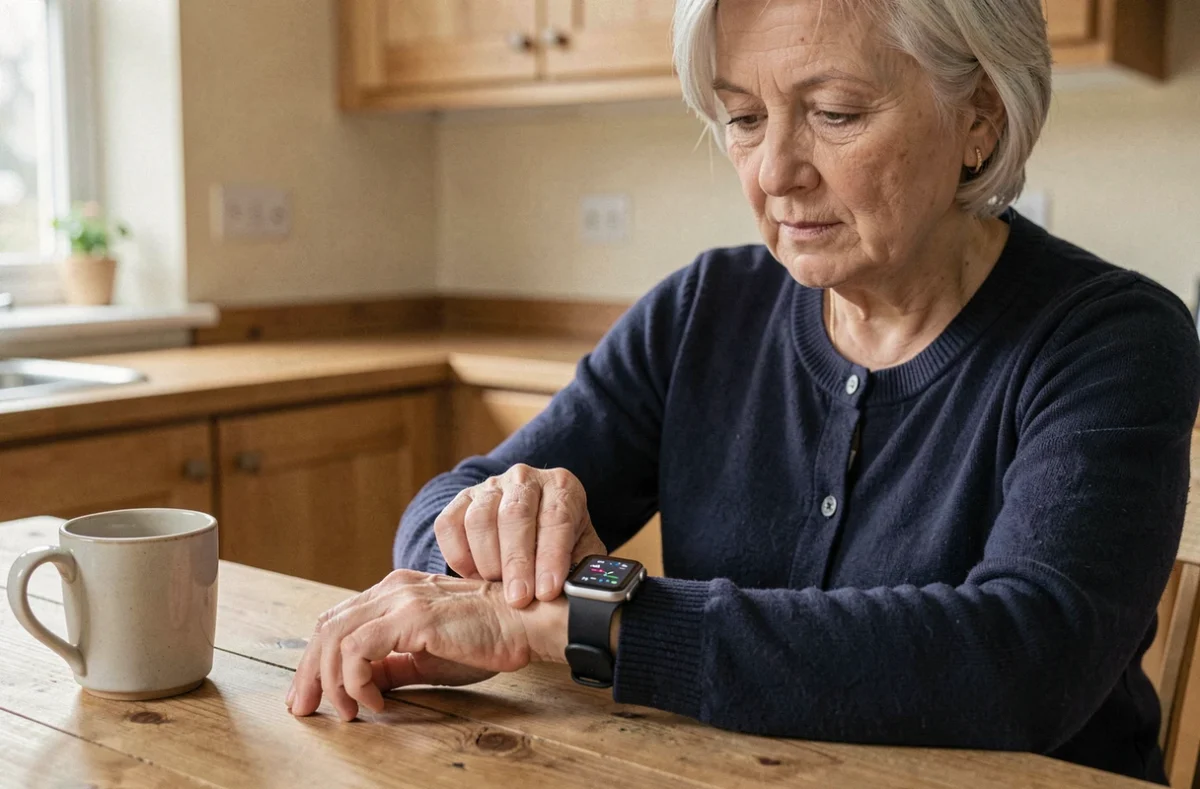 Femme senior consultant sa montre connectée dans une cuisine chaleureuse, idéale pour les aînés en 2026