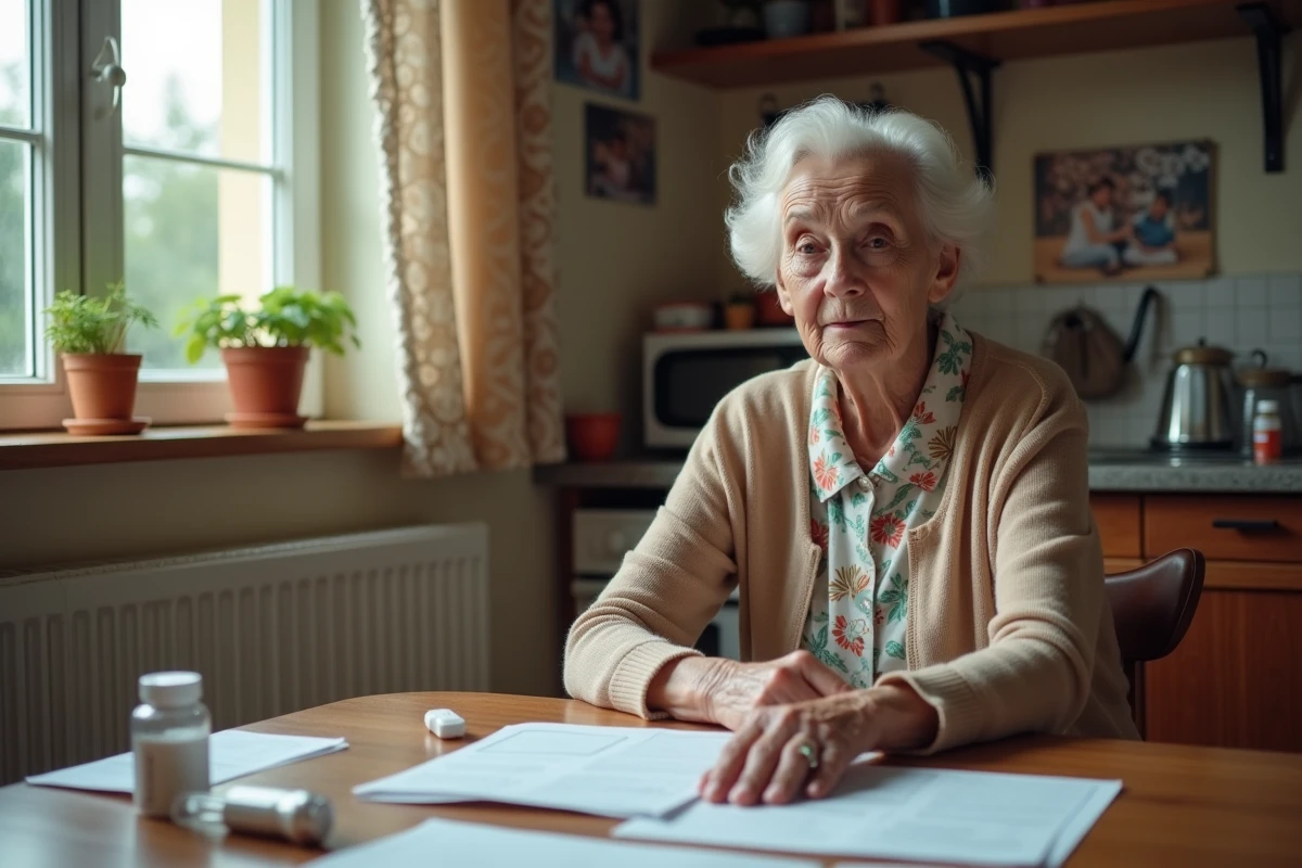 Femme senior pensive assise à la table de cuisine