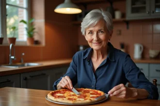 Une femme senior savoure une portion de pizza taille senior lors d'un repas du soir en semaine dans sa cuisine