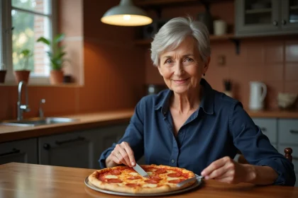 Une femme senior savoure une portion de pizza taille senior lors d'un repas du soir en semaine dans sa cuisine