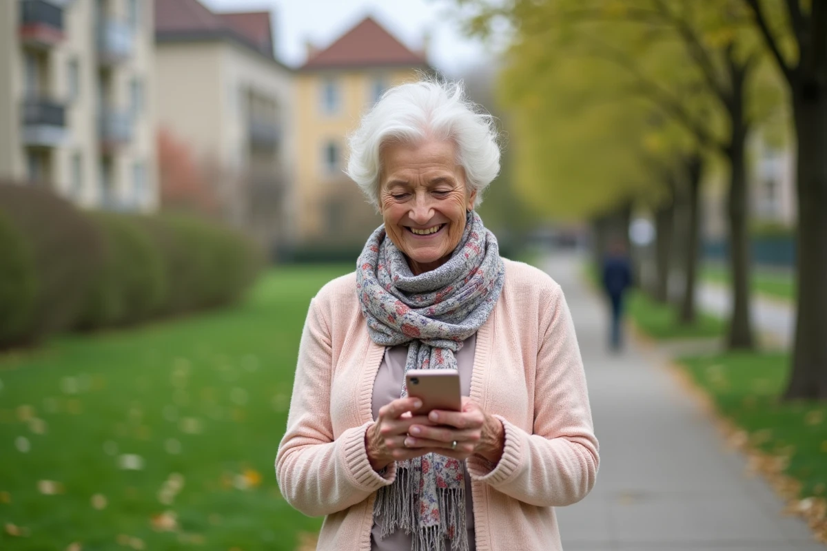 Femme retraitée souriante marchant dans un parc urbain