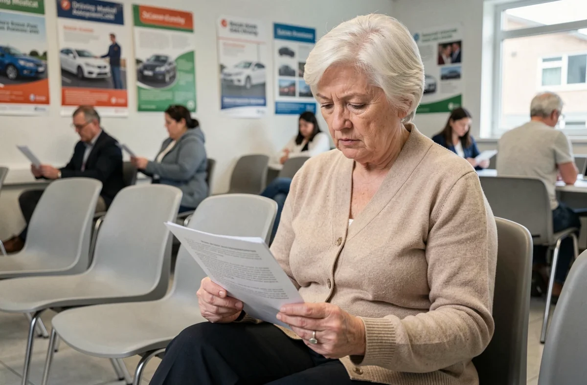 Une femme âgée de 75 ans lisant attentivement des documents dans la salle d'attente d'un centre médical agréé pour le renouvellement du permis de conduire après 70 ans