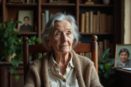 Femme âgée sereine assise dans un fauteuil en bois ancien