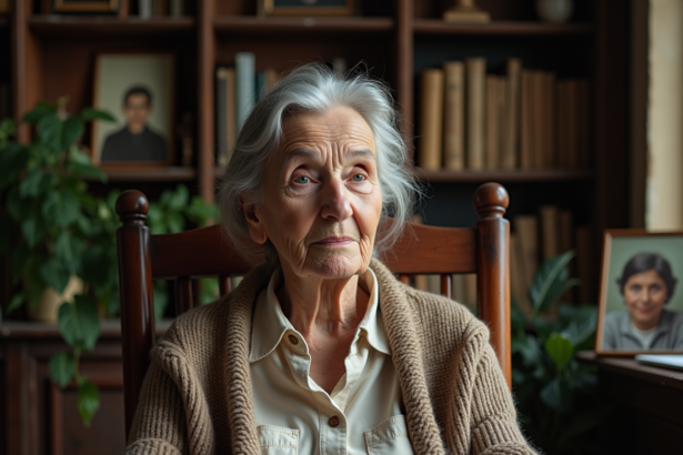 Femme âgée sereine assise dans un fauteuil en bois ancien