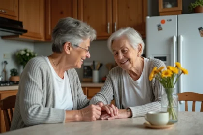 Femme âgée avec sa fille dans la cuisine chaleureuse