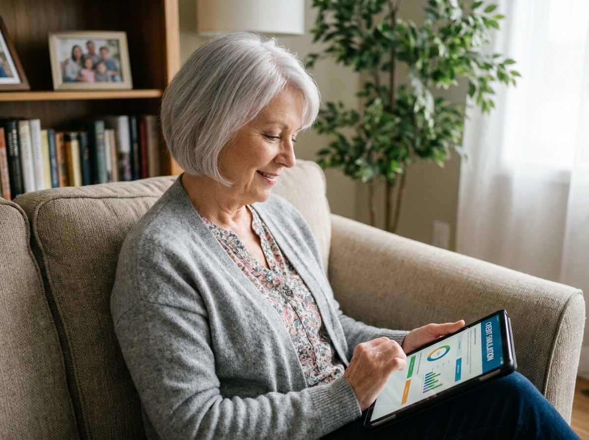 Femme senior souriante utilisant une tablette dans le salon