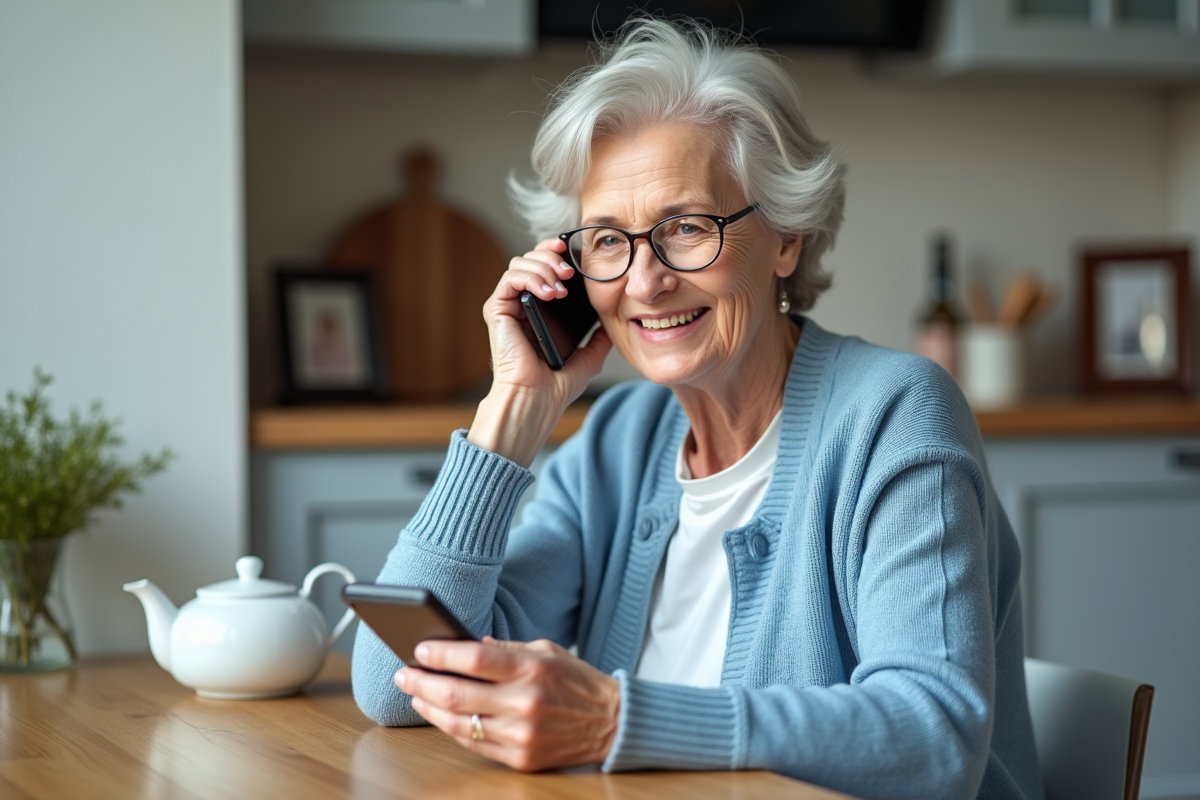 Femme âgée souriante utilisant un téléphone mobile dans la cuisine