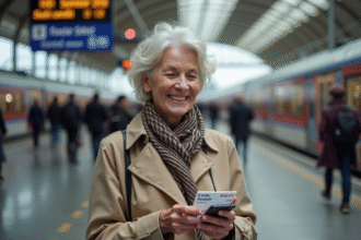 Femme senior souriante vérifiant ses billets à la gare