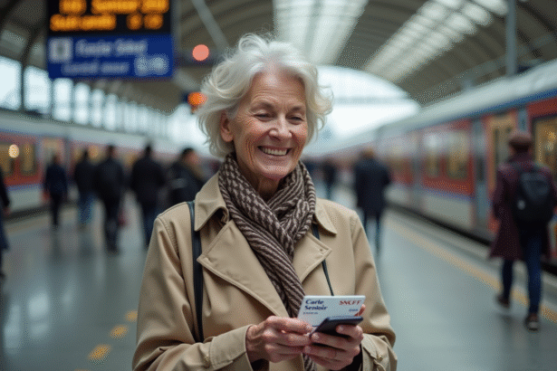 Femme senior souriante vérifiant ses billets à la gare