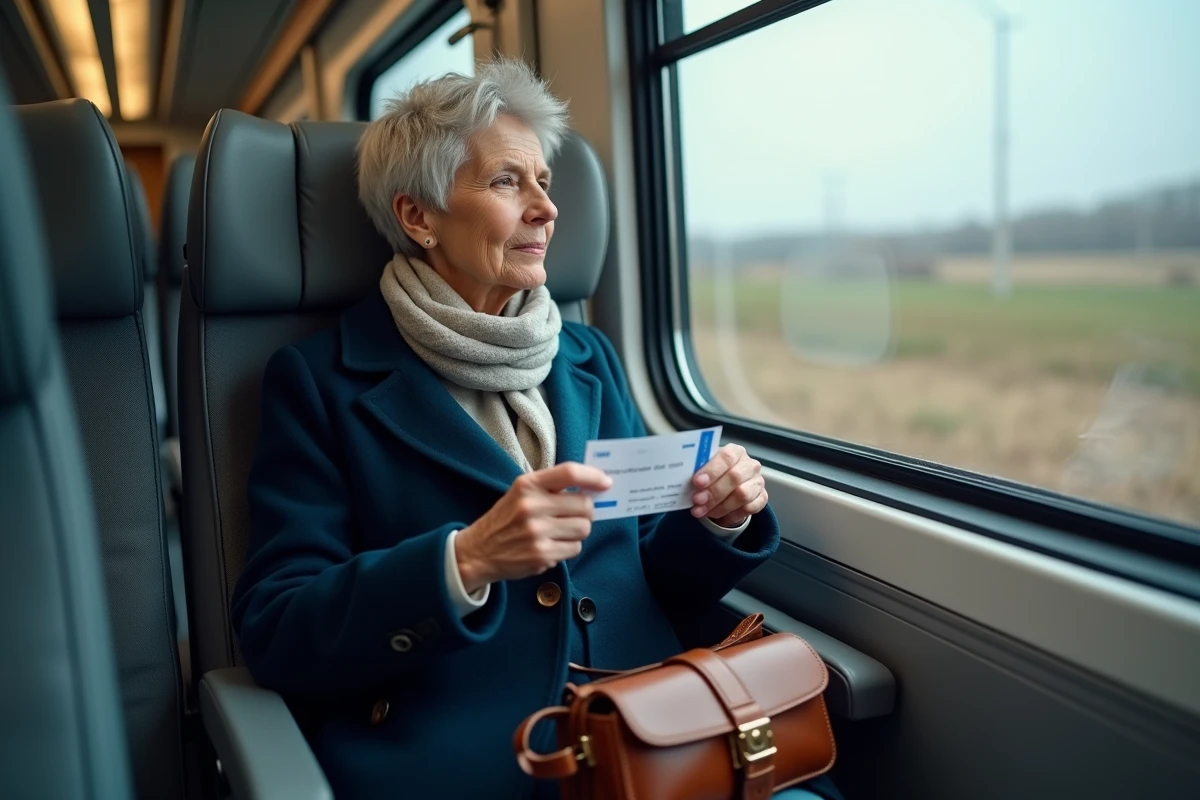 Femme senior en train TGV tenant un billet SNCF, illustrant l'utilisation de la Carte Senior Avantages pour voyager en France