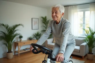 Femme senior faisant du vélo d'appartement dans un salon lumineux