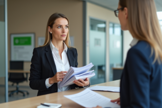 Femme d'âge moyen consultante dans un bureau administratif français