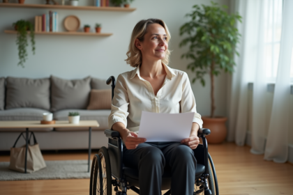 Femme en fauteuil roulant dans un salon lumineux