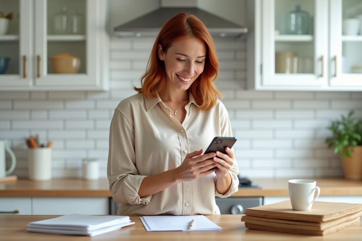 Femme utilisant son smartphone pour réaliser les démarches Scolinfo chèque vacances depuis sa cuisine familiale