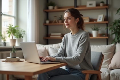 Femme assise à son bureau à domicile avec ordinateur portable