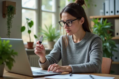 Femme en télétravail regardant son ordinateur portable