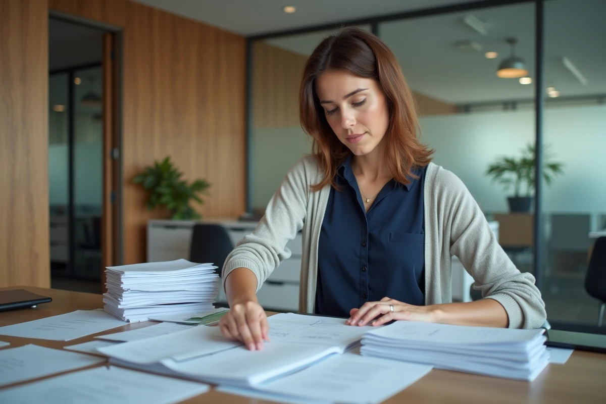 Femme triant des papiers dans un bureau moderne
