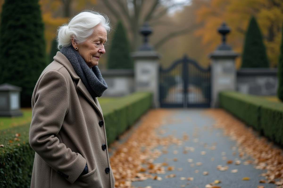 Femme âgée regardant une tombe récemment installée