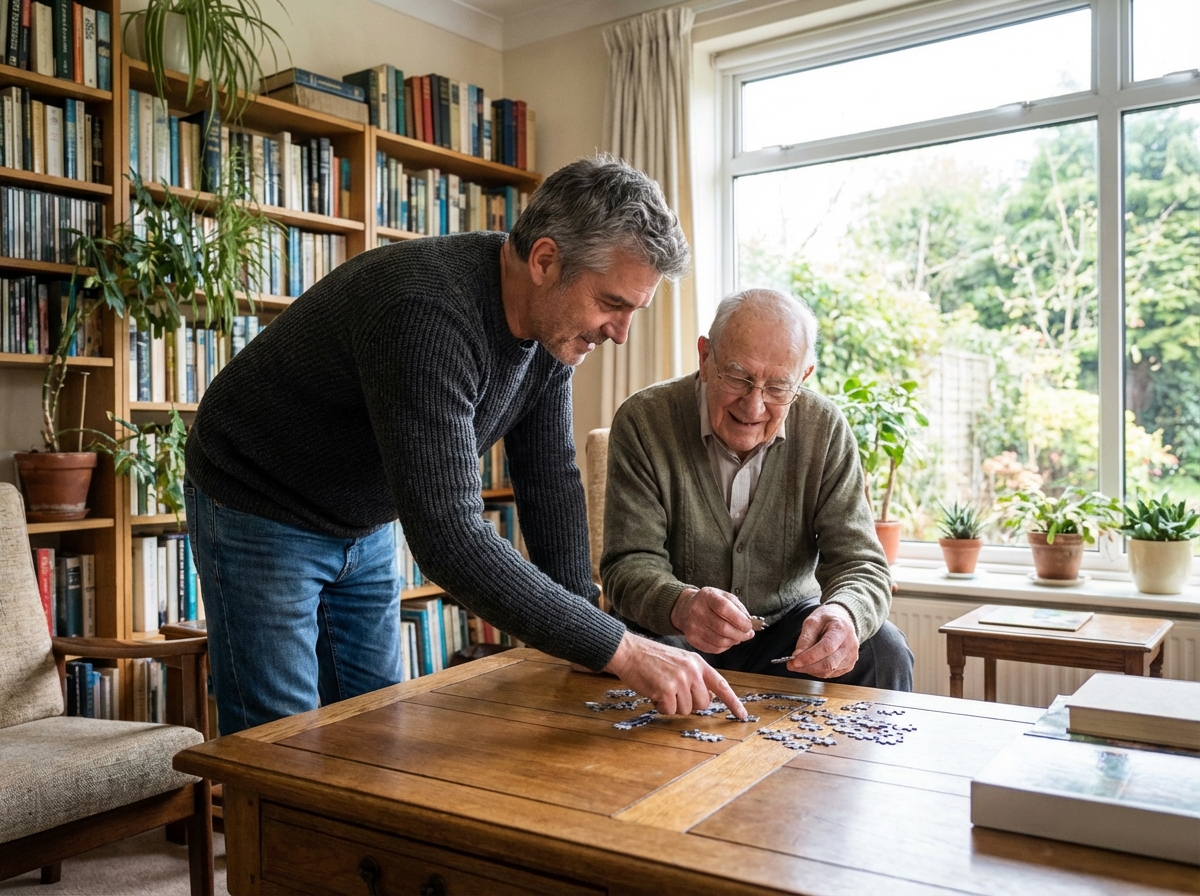 Fils aidant son père à faire un puzzle dans le salon