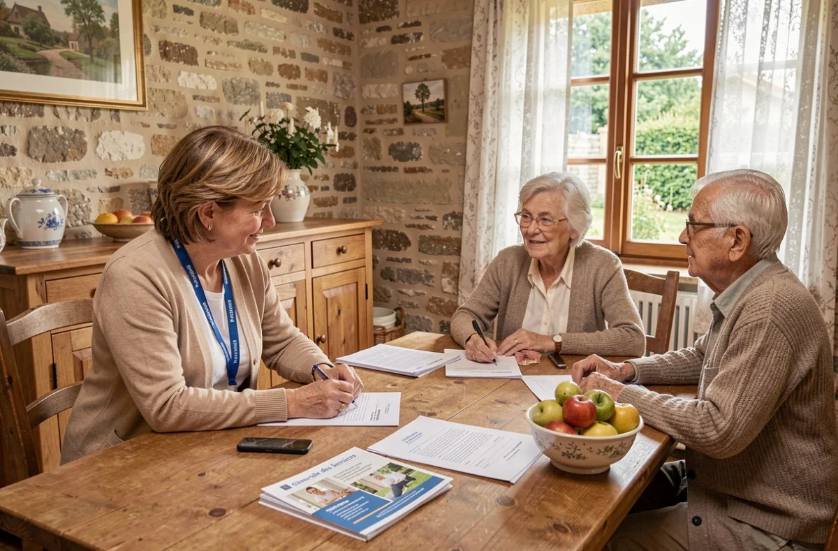 Coordinatrice Générale des Services présentant un contrat de services à domicile à un couple de seniors en Val de Loire