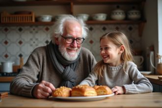Grand-père belge souriant avec sa petite fille autour de pâtisseries