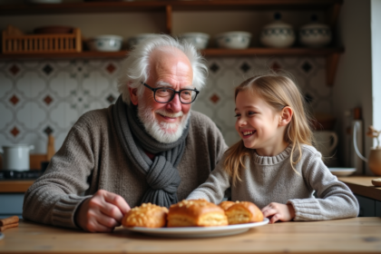 Grand-père belge souriant avec sa petite fille autour de pâtisseries