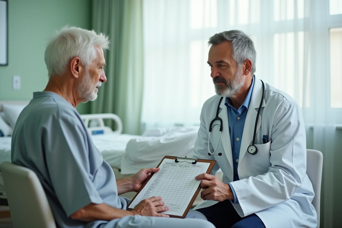 Médecin gériatre réalisant une grille AGGIR auprès d'un patient Alzheimer en unité gériatrique