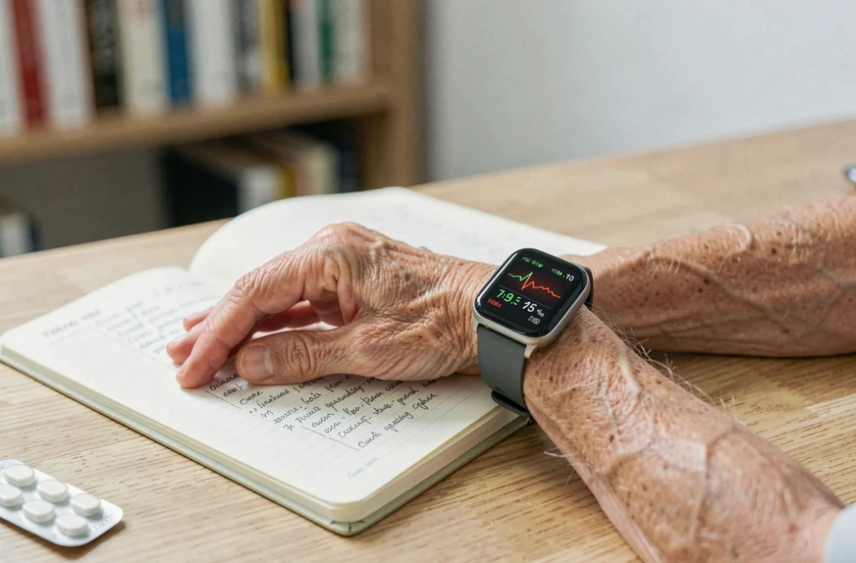 Gros plan sur les mains d'une personne âgée portant une montre connectée affichant la fréquence cardiaque, posées sur un carnet de santé