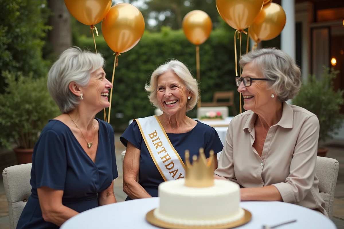 Groupe d'amies fêtant les 60 ans d'une femme avec humour et élégance en extérieur
