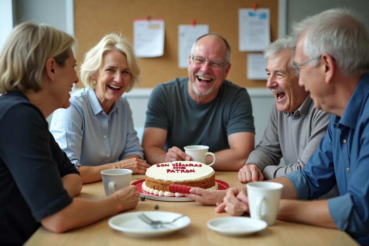 Groupe de collègues fonctionnaires riant autour d'un gâteau humoristique lors d'un pot de départ à la retraite en salle de pause