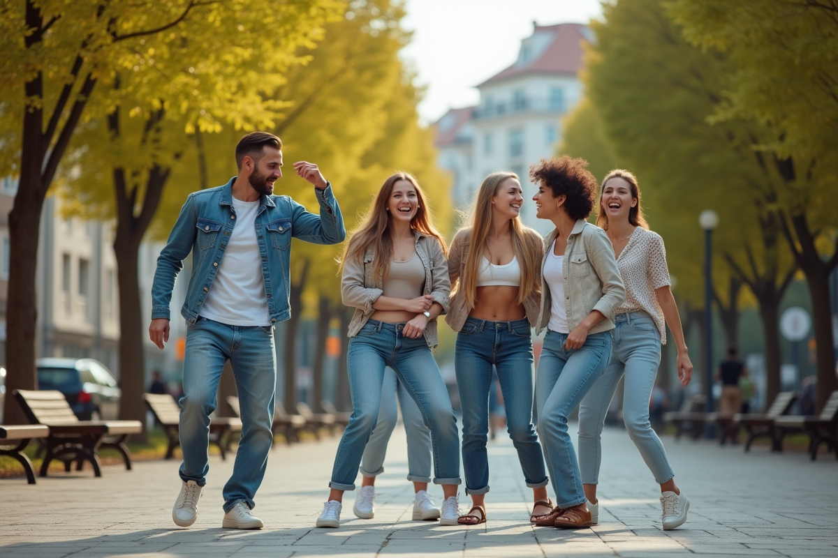 Groupe d adultes dansant dans un parc urbain en plein air