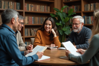 Groupe de personnes discutant autour d'une table en bibliothèque