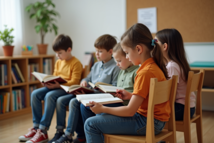 Enfants en classe lisant ensemble dans une salle moderne