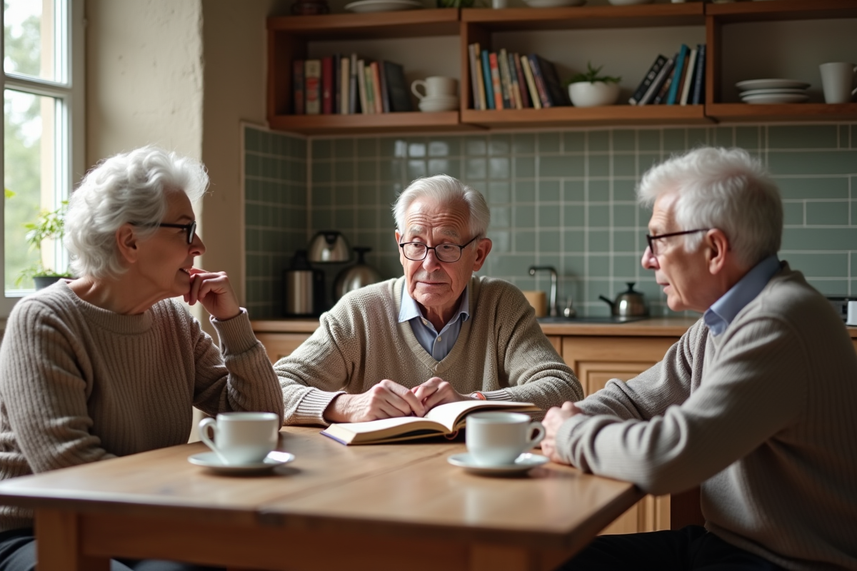 Groupe de trois personnes âgées discutant dans une cuisine lumineuse