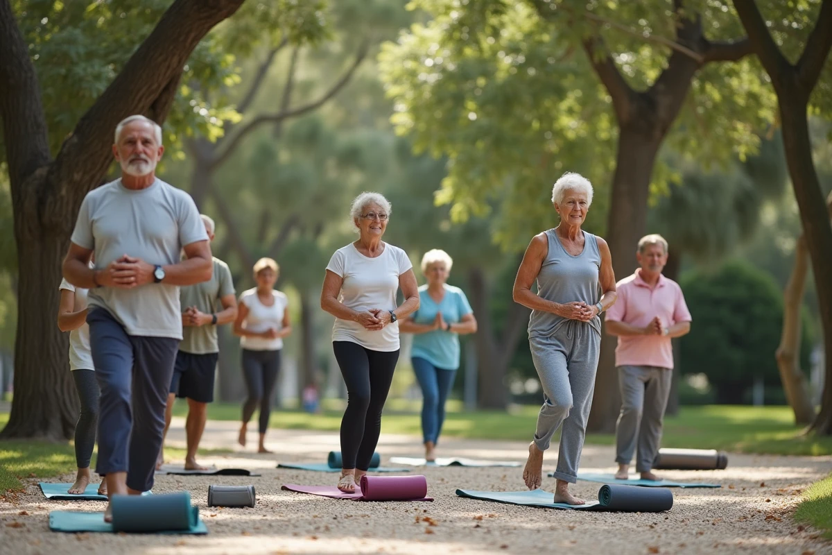 Groupe mixte de seniors en couple et solo pratiquant le yoga en plein air dans un parc de Nice