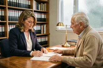 Famille et personne âgée consultant des documents juridiques pour une habilitation familiale dans un bureau de notaire