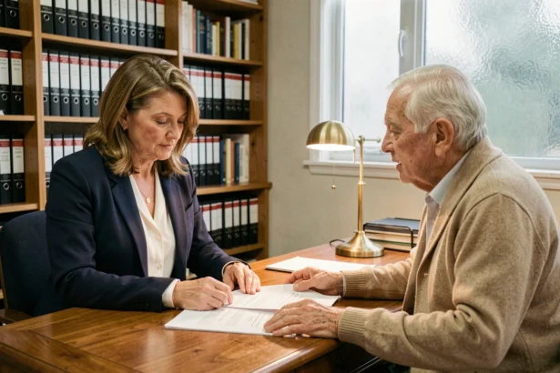 Famille et personne âgée consultant des documents juridiques pour une habilitation familiale dans un bureau de notaire