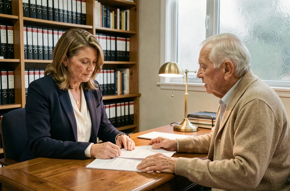 Famille et personne âgée consultant des documents juridiques pour une habilitation familiale dans un bureau de notaire