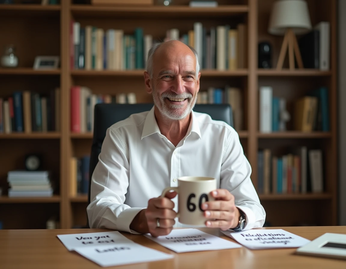 Homme de 60 ans assis à son bureau en train de lire des cartes d'anniversaire humoristiques avec un mug souvenir et des cartes félicitations vintages