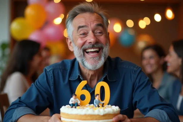 Homme de 60 ans riant avec un gâteau d'anniversaire humoristique décoré du chiffre 60, entouré de ballons et confettis lors d'une fête entre amis