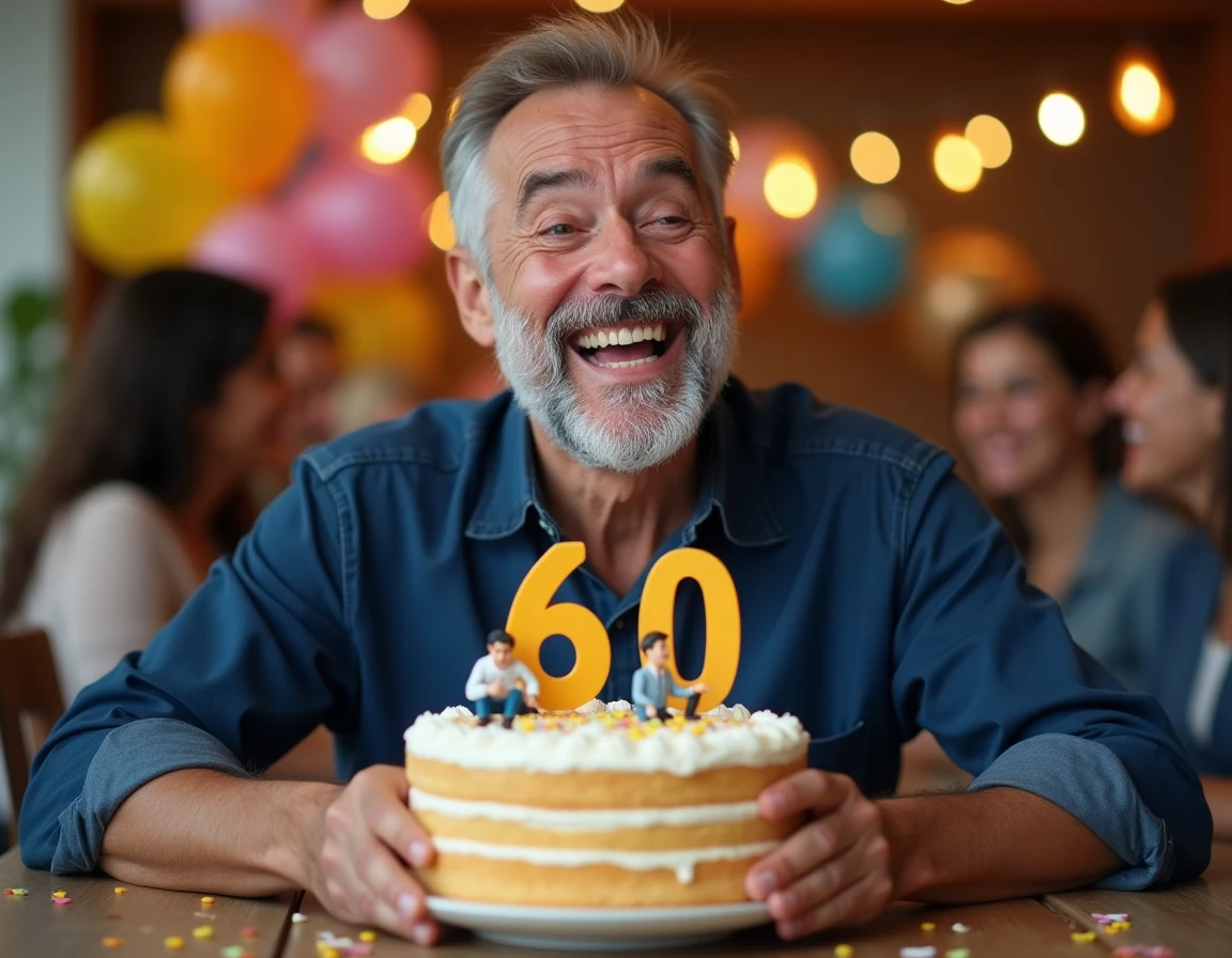 Homme de 60 ans riant avec un gâteau d'anniversaire humoristique décoré du chiffre 60, entouré de ballons et confettis lors d'une fête entre amis