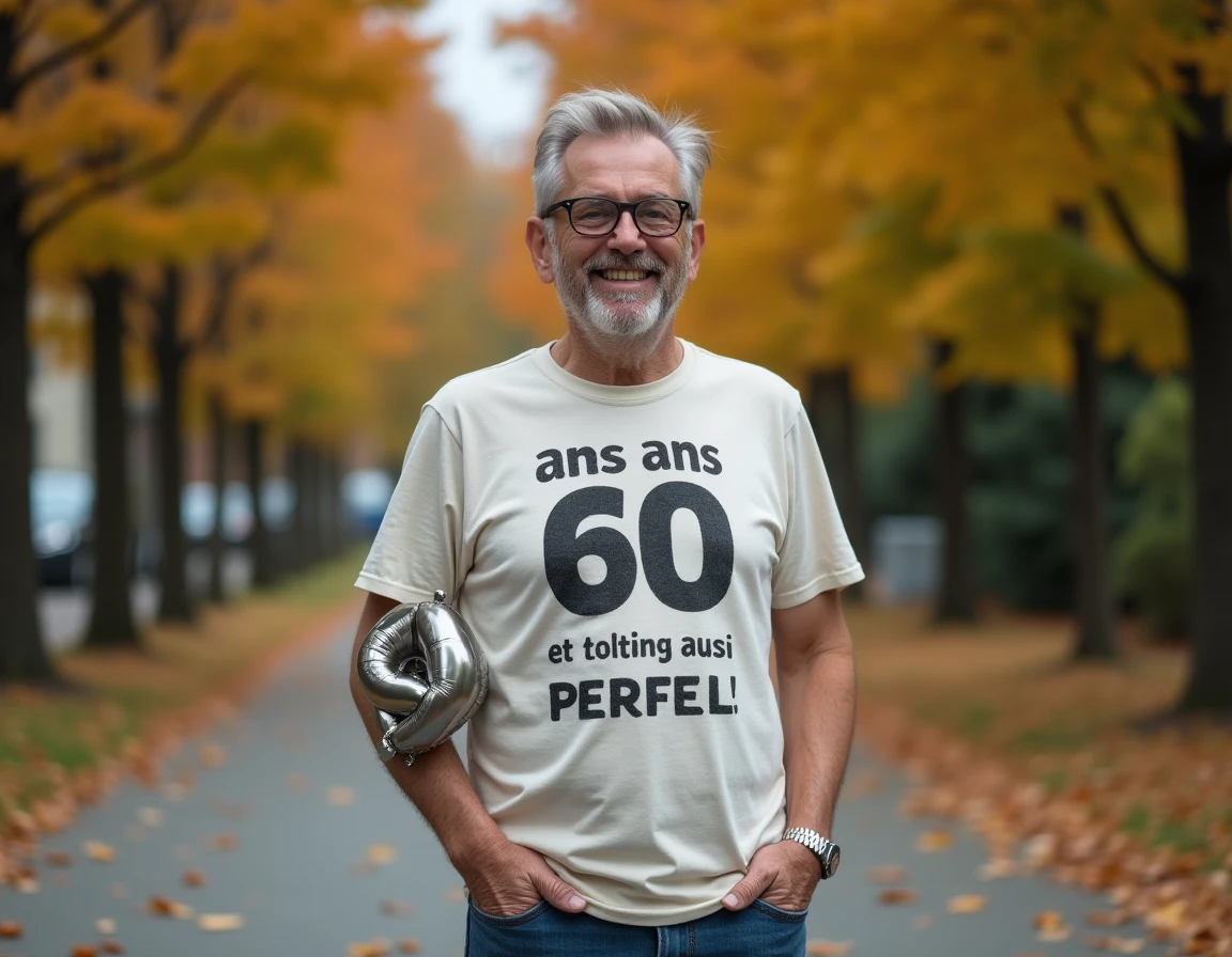 Homme de 60 ans souriant dans un parc en automne portant un t-shirt humoristique pour son anniversaire avec un ballon argenté au poignet