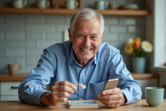 Homme âgé souriant examinant sa denture à la maison