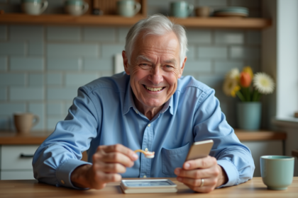 Homme âgé souriant examinant sa denture à la maison