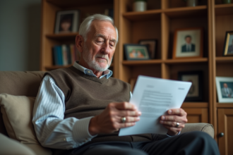 Homme âgé lisant une lettre dans son salon